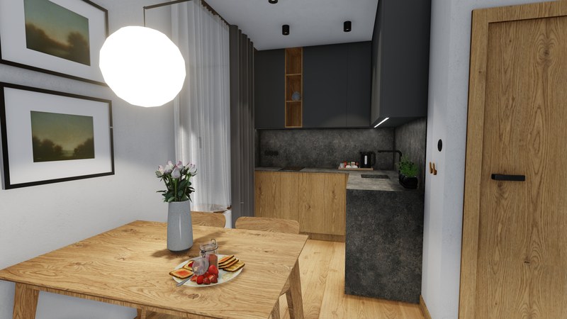 Návrh kuchyně v tmavě šedé a dřevě s jídelním stolem